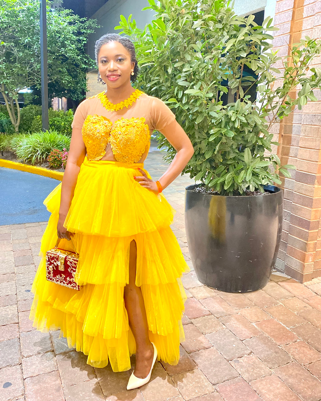 Golden Radiance Tiered Couture Gown