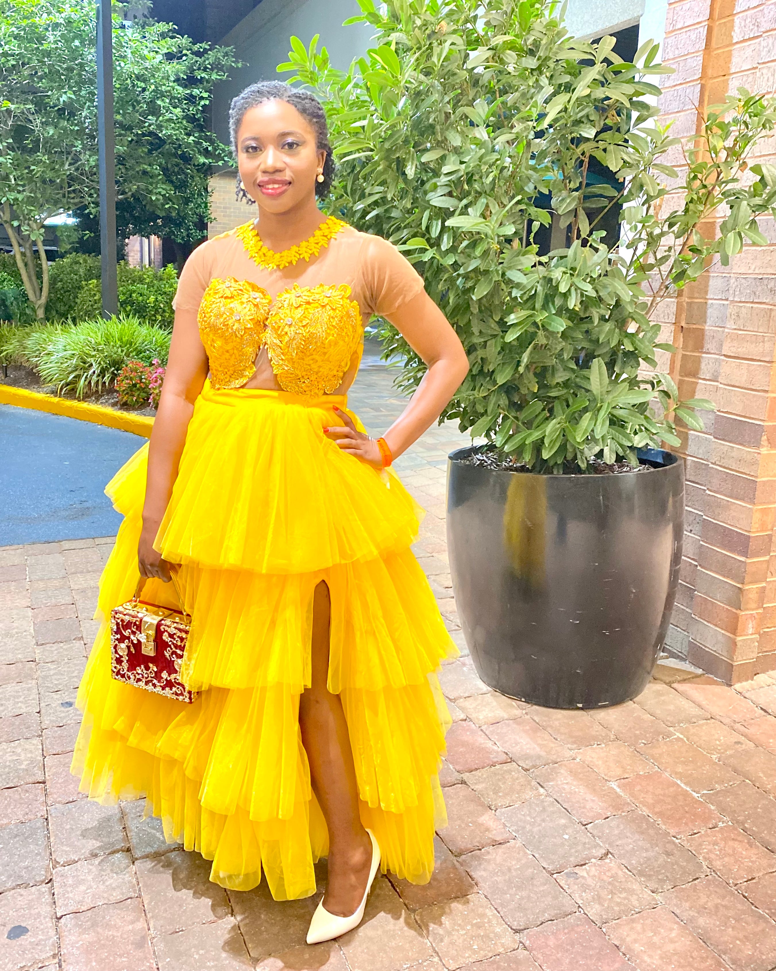 Golden Radiance Tiered Couture Gown
